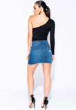 Button Fly Distressed Frayed Hem Denim Mini Skirt