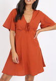 Rust Tie Front Babydoll Dress