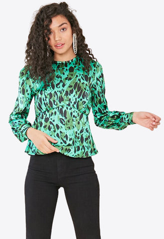 Green Satin Animal Print Long Sleeve Peplum Hem Top