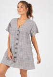 Grey Checked Mock Horn Button Smock Dress