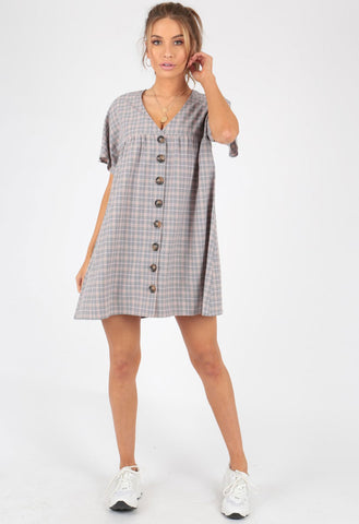 Grey Checked Mock Horn Button Smock Dress