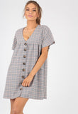 Grey Checked Mock Horn Button Smock Dress