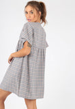 Grey Checked Mock Horn Button Smock Dress