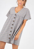 Grey Checked Mock Horn Button Smock Dress