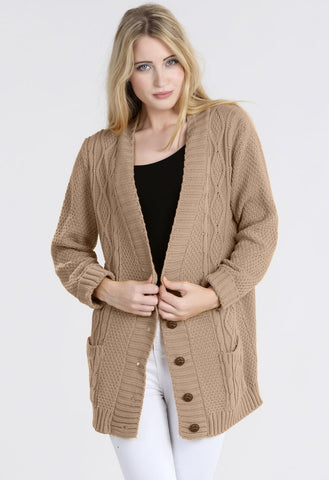 Mocha Chunky Cable Knit Pocket Cardigan