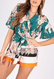 Border Print Playsuit With Kimono Sleeves and Self Fabric Belt