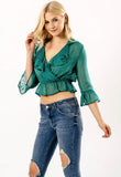 Green Ruffle Polka Dot Wrap Crop Blouse