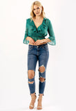 Green Ruffle Polka Dot Wrap Crop Blouse