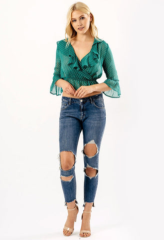 Green Ruffle Polka Dot Wrap Crop Blouse