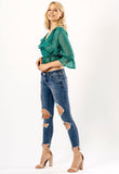 Green Ruffle Polka Dot Wrap Crop Blouse