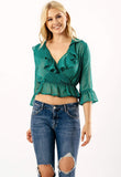 Green Ruffle Polka Dot Wrap Crop Blouse