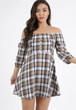 Brown Check Button Detail Bardot Mini Dress