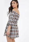 Brown Check Button Detail Bardot Mini Dress