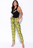 Neon Green Snake Print Paperbag Waist Belted Trousers