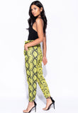 Neon Green Snake Print Paperbag Waist Belted Trousers