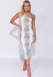 Snake Print One Shoulder Midi Bodycon Dress