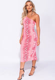 Neon Pink Snake Print One Shoulder Midi Dress