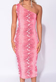 Neon Pink Snake Print One Shoulder Midi Dress