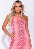 Neon Pink Snake Print One Shoulder Midi Dress