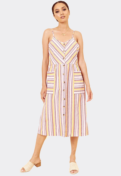 Multi Stripe Cotton Button Down Strappy Midi Dress