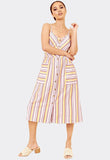 Multi Stripe Cotton Button Down Strappy Midi Dress