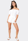 White Cotton Paperbag Shorts with Pockets and Belt