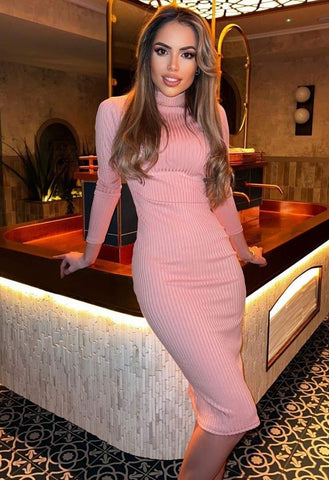 Baby Pink Rib Knit High Neck Midi Dress