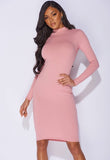 Baby Pink Rib Knit High Neck Midi Dress