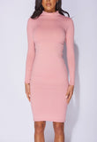 Baby Pink Rib Knit High Neck Midi Dress