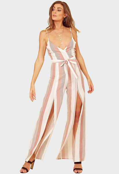 Multi Stripe Strappy Wrap Waist Tie Wide Leg Jumpsuit