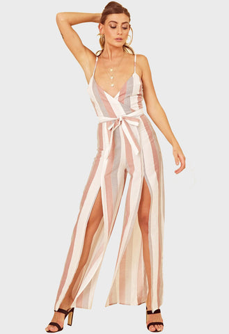 Multi Stripe Strappy Wrap Waist Tie Wide Leg Jumpsuit