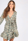 Snake Print Wrap Dress With Ruffle Hem and Self Fabric Belt