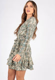 Snake Print Wrap Dress With Ruffle Hem and Self Fabric Belt