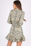 Snake Print Wrap Dress With Ruffle Hem and Self Fabric Belt