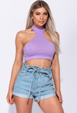 Lilac Rib Knit High Neck Cutaway Front Crop Top