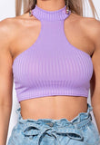 Lilac Rib Knit High Neck Cutaway Front Crop Top