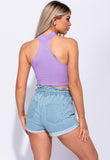 Lilac Rib Knit High Neck Cutaway Front Crop Top