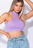 Lilac Rib Knit High Neck Cutaway Front Crop Top