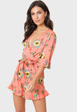 Coral Floral Print Ruffle Hem Wrap Over Playsuit