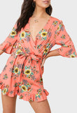 Coral Floral Print Ruffle Hem Wrap Over Playsuit