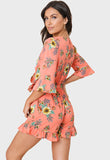 Coral Floral Print Ruffle Hem Wrap Over Playsuit