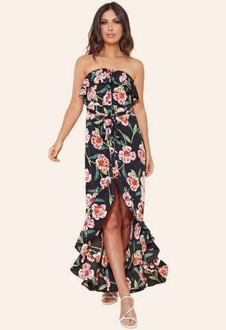 Black Floral Bardot Bandeau Button Down Frill Maxi Dress