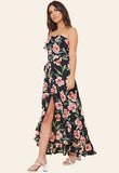 Black Floral Bardot Bandeau Button Down Frill Maxi Dress