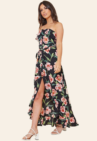 Black Floral Bardot Bandeau Button Down Frill Maxi Dress