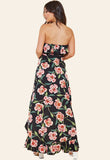 Black Floral Bardot Bandeau Button Down Frill Maxi Dress