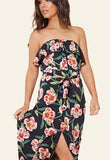 Black Floral Bardot Bandeau Button Down Frill Maxi Dress