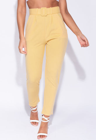 Yellow High Waisted Self Belt Tapered Trousers