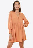 Apricot Button Detail Puff Sleeve Smock Dress