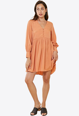 Apricot Button Detail Puff Sleeve Smock Dress