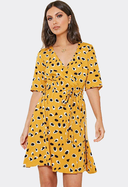 Mustard Abstract Animal Print Wrap Frill Dress